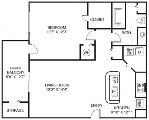 Floor plan for 1 bed, 1 bath, 824 sqft